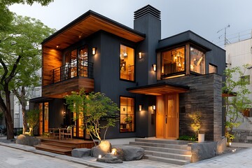 Modern architecture two story house under night illumination high resolution picture