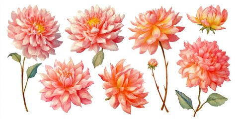 Set of various peach and apricot dahlias with leaves and stems