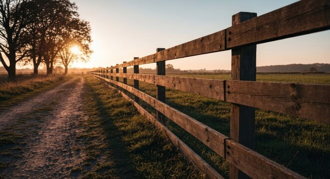 A rustic wooden fence lines a dirt road at sunset.  Sunlight streams through trees at the edge of a field