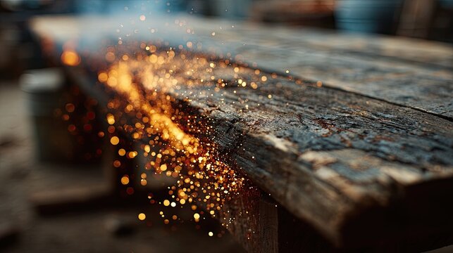 Wooden table with burning fire along the edge of the table, fire particles, sparks and smoke in the air