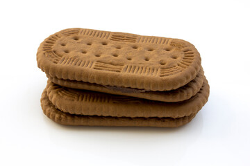 Sweet wafers filled with chocolate cream isolated on white background. Perfect for a sweet snack or tasty dessert.
