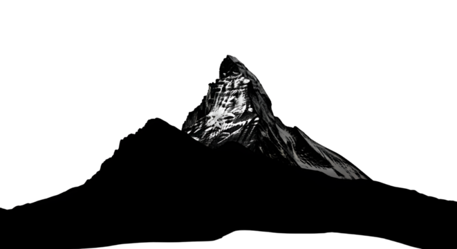 Dramatic black and white silhouette of a mountain peak isolated PNG with Transparent Background