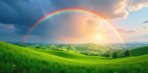 Obraz premium A vibrant rainbow arches gracefully over a tranquil landscape, casting colorful light on rolling hills and lush green fields Perfect for nature, weather, and serenity themes , vibrant, colors