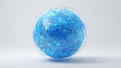 A translucent, light-blue sphere, intricately detailed with smaller, fragmented blue shapes, seemingly embedded within a transparent, slightly-ridged outer shell