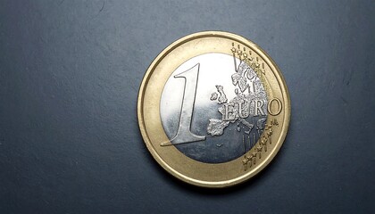 Euro coin silvery center and gold band, showing '1' and partial map of Europe on dark surface