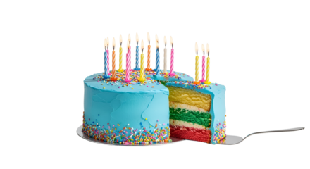 Birthday cake with colorful candles and slice being served isolated PNG with Transparent Background