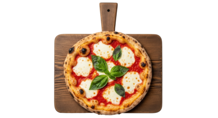 Isolated Margherita pizza on wood paddle, delicious homemade dish, classic Italian food