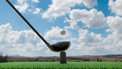 ゴルフ練習場でボールをウッドドライバーで打った瞬間のイメージ
