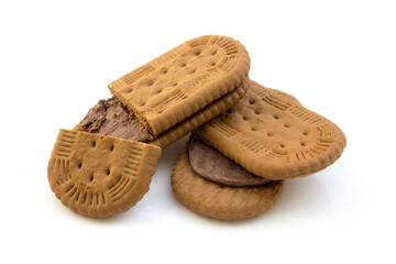 Sweet wafers filled with chocolate cream isolated on white background. Perfect for a sweet snack or tasty dessert.