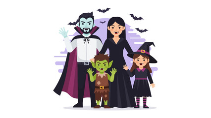 Halloween Family Illustration: A whimsical illustration depicts a family dressed in playful Halloween costumes, embracing the spirit of spooky season with cheerful expressions and festive details.