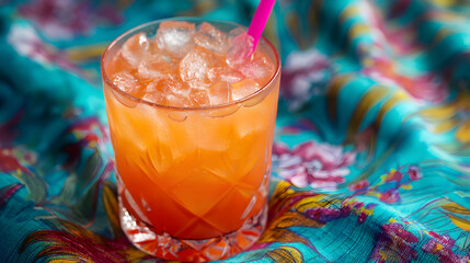 Refreshing orange cocktail with ice and pink straw on vibrant floral fabric evokes summertime relaxation and tropical vacation vibes for happy hour