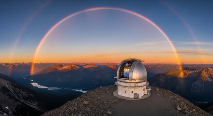 A breathtaking vista showcases a double rainbow arching over a mountaintop observatory, bathed in the warm hues of sunrise.