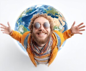 A joyful man with arms outstretched, appearing to float above a world map, expresses freedom and exploration.