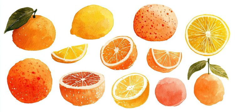Watercolor illustration of various citrus fruits, including oranges, lemons, and grapefruits, displayed in whole and sliced forms. Vibrant hues of orange, yellow, and red