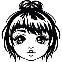 Isolated monochrome of a whimsical girl's face with large eyelashes and a topknot