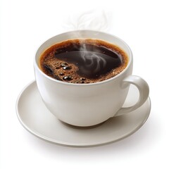 Fototapeta premium A steaming cup of dark coffee in a white ceramic mug and saucer, set against a pure white background. The coffee is rich, dark brown, and has a frothy top. Steam rises from the surface of the coffee