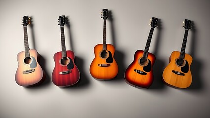 Fototapeta premium Symmetrical arrangement of acoustic guitars, highlighting craftsmanship and musical harmony.