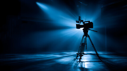 Professional broadcast camera silhouetted against dramatic blue studio lights and atmospheric smoke, ready for action