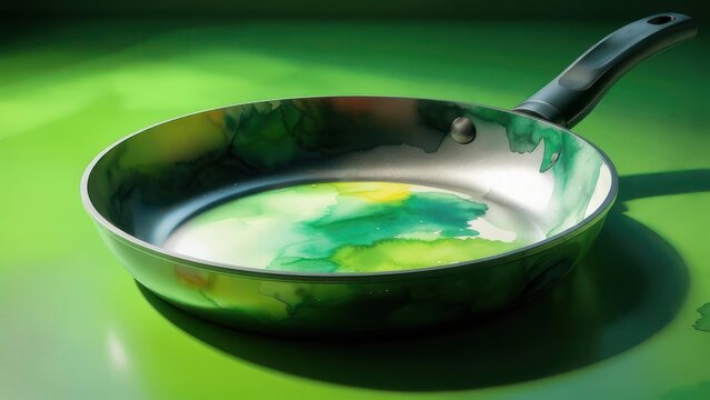 A metallic frying pan with a dark handle rests on a vibrant green surface.  - Powered by Adobe