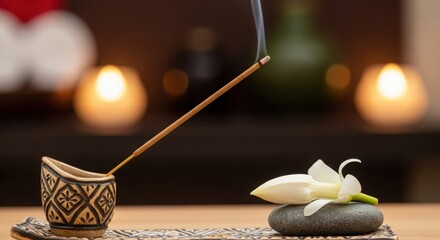 Burning incense stick in ceramic holder with white flower on grey stone perfect for spa and wellness advertising