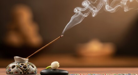 Burning incense stick with swirling smoke featuring a white flower and ornate holder perfect for meditation and spa websites