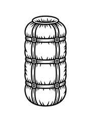 Black and white illustration of a rolled up sleeping bag with straps