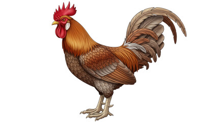 Isolated Illustration of a proud brown rooster in profile with a red comb and wattle © Federica
