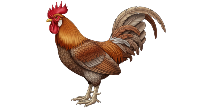 Isolated Illustration of a proud brown rooster in profile with a red comb and wattle