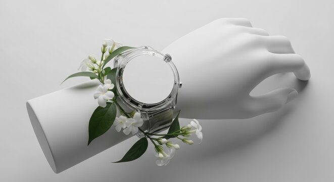 Clear transparent smartwatch on a mannequin hand adorned with delicate white jasmine flowers perfect for fashion and technology websites