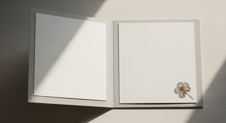 Elegant gray folded card showcasing a pressed flower with blank white pages perfect for wedding stationery and minimalist design projects