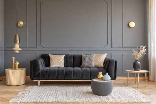 A stylish living room with a modern, dark gray color scheme.