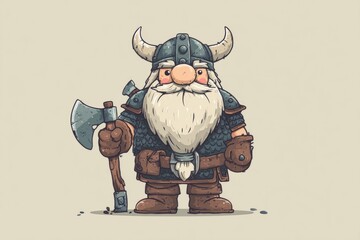 Cartoon Viking Dwarf Warrior with Axe in Armor and Horned Helmet