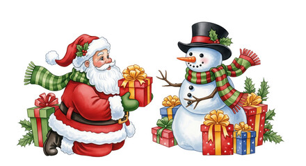 Santa Claus holding gift box kneels beside cheerful snowman with top hat and scarf, surrounded by colorful wrapped presents, holly leaves, and festive ribbons