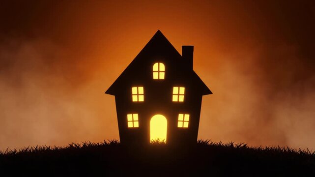 Ultra HD cinematic footage of a haunted house silhouette with glowing windows appearing slowly on a seamless dark orange background with eerie fog effects spooky atmosphere and sharp clarity perfect f