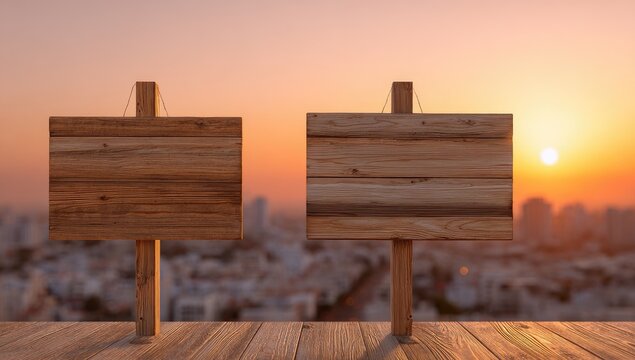 Two blank wooden signs on posts, sunset cityscape backdrop
