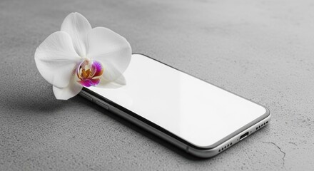 Elegant white orchid flower rests on a modern smartphone showcasing a blank screen perfect for mobile app and technology advertising