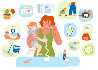mom with baby in doodle style.Illustration for banner postcard design print sticker poster background
