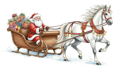 Santa Claus riding in wooden sleigh filled with colorful gifts, pulled by white horse with red harness, joyful winter holiday scene