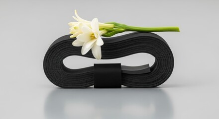 Elegant white tuberose flower on a black fabric roll showcasing minimalist design perfect for beauty and spa advertising