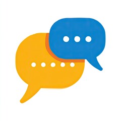 Two overlapping speech bubbles, one orange and one blue, represent communication