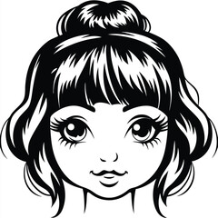 Beautiful cartoon girl face with big eyes and messy bun looks forward gently