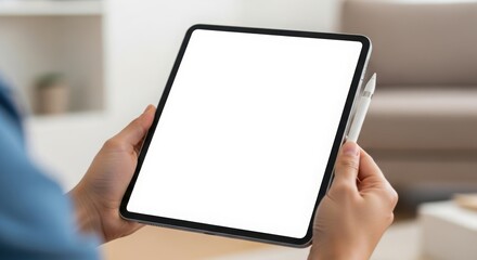 Hands holding a tablet with a blank screen and stylus showcasing modern technology perfect for website and app mockups