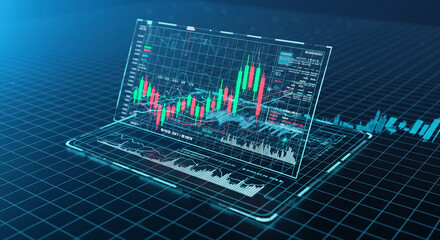 Futuristic glowing 3D candlestick chart with neon green and red candles, holographic graphs and trading lines, abstract cyber finance and cryptocurrency data visualization concept, 4K ultra-detailed d
