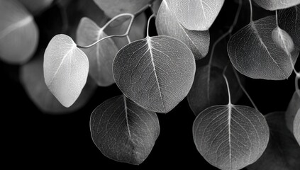 Close-up grayscale leaves on branches