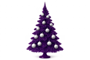 Purple christmas tree with silver baubles on transparent background