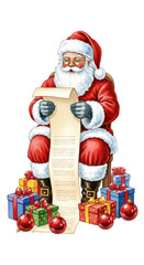 Santa Claus reading long wish list surrounded by colorful wrapped gift box, red ornament, festive holiday scene, cheerful, traditional Christmas, white background