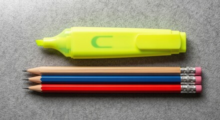 High angle view of yellow highlighter and three colored pencils on grey background perfect for back to school and education projects