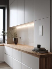 Modern kitchen with light gray cabinets and wooden countertops.