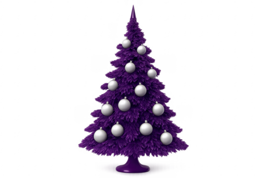Purple christmas tree with silver baubles on transparent background