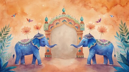 Ornate mughal-inspired archway with elephants and floral decorations festive background